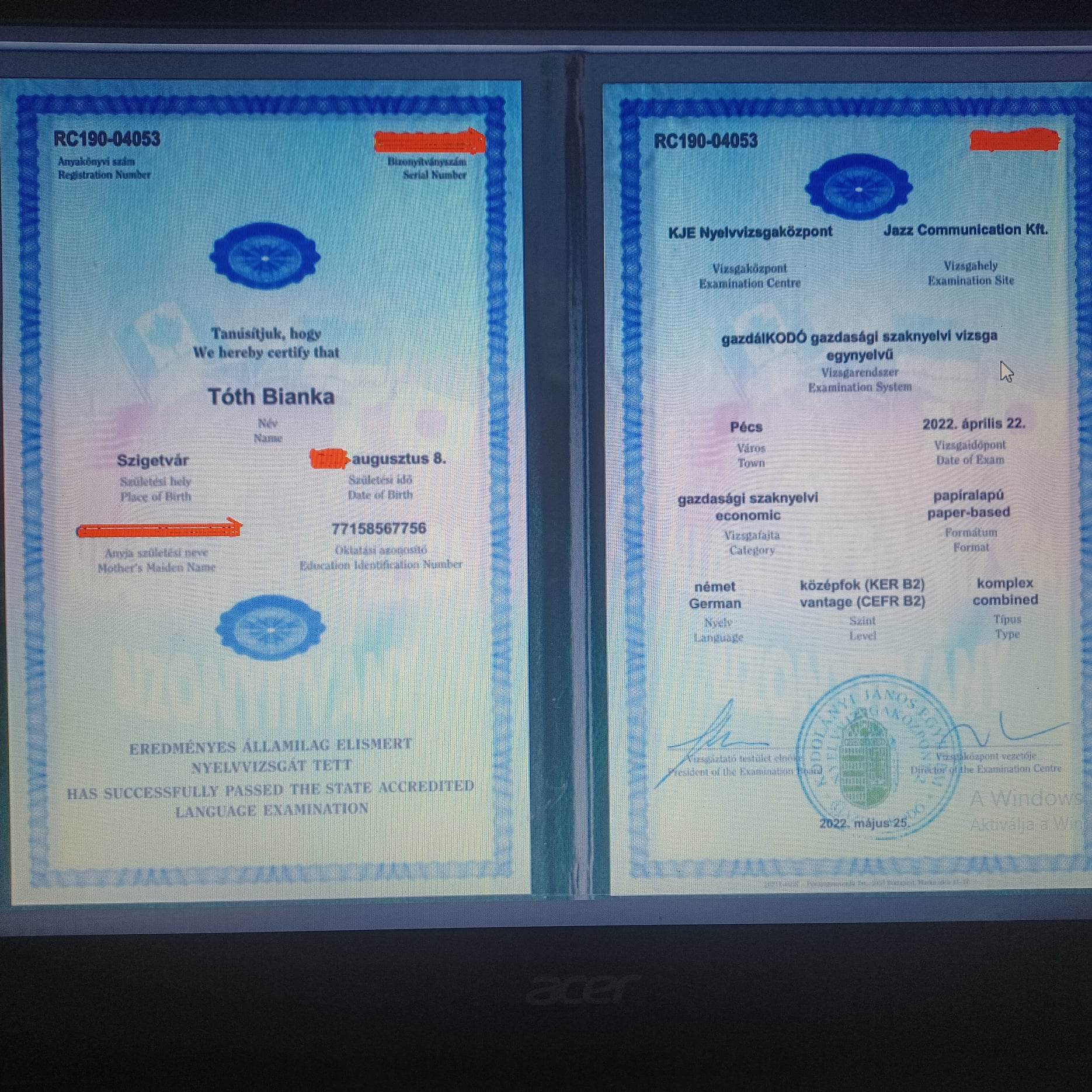 Bianka - gazdasági szaknyelvi vizsga